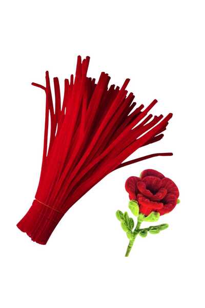 Butik 50 Adet Kırmızı Şönil, Çiçek Yapımına Uygun Tüylü Tel, 30 Cm 6mm