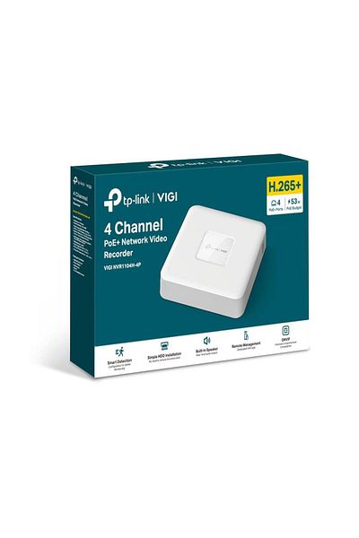 TP-LINK VIGI 4 channel PoE NVR 1104H4P; 53W, 8 MP,1 SATA Interface, max 10TB, H.265+; ONVIF, Det