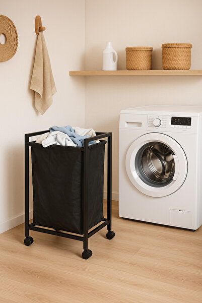 moniev 75 Litre Çamaşır Sepeti Kirli Sepeti Frenli Tekerlekli Metal Çamaşır S...