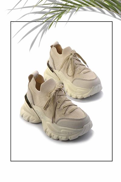 Bambi Genuine Leather Cream Cream Knitwear Women's Sneaker - K01480004903
