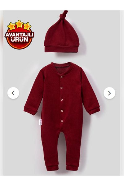 LADİN Waffle Combed Cotton Baby Romper with Style Hat and Snap Fasteners-Red