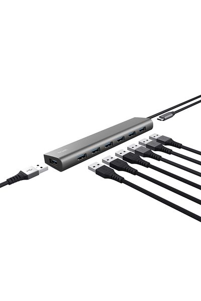 Trust Hub Halyx , 7 porturi USB 3.2 Gen 1, material aluminiu, input USB- C, output USB-A 7, gri