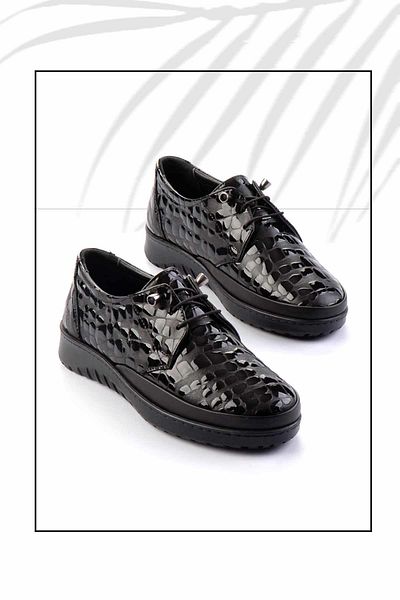 Bambi Schwarzes Lackleder Kroko Echtes Leder Damen Freizeitschuhe K 01331750311