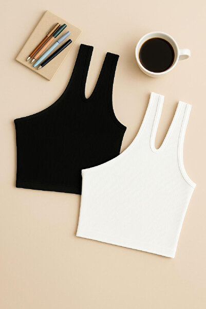 Imoda Kadın Siyah ve Beyaz 2'li Paket Tek Omuz Cut Out Detaylı Şık Crop Top Bluz