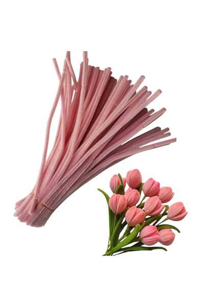 Butik 50 Adet Pastel Pembe Şönil, Çiçek Yapımına Uygun Tüylü Tel, 30 Cm 6mm