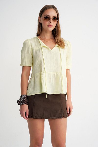 Mixray 4715 Women's Tie Collar Short Sleeve Muslin Blouse Yellow