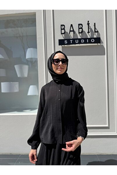 QOOQ STORE Kumaş Çizgili Kadın Vibe Gömlek Siyah