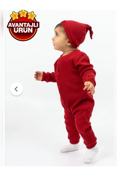 LADİN Waffle Combed Cotton Baby Romper with Style Hat and Snap Fasteners-Red
