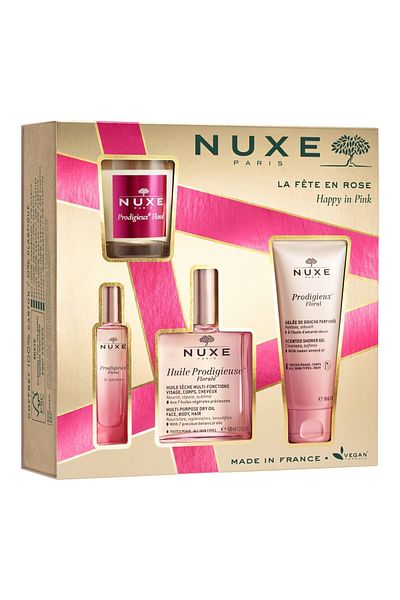 Nuxe Set Nuxe Happy in Pink, Floral EDP 15ml + Lumânare parfumată, 70g + Gel de duș 100ml + Ulei de păr, 100ml