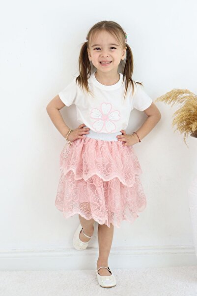 Çocuksan Baby&Kids Wear Girls' Special Occasion Set Powder Lace Layered Skirt and Floral Top Party Set