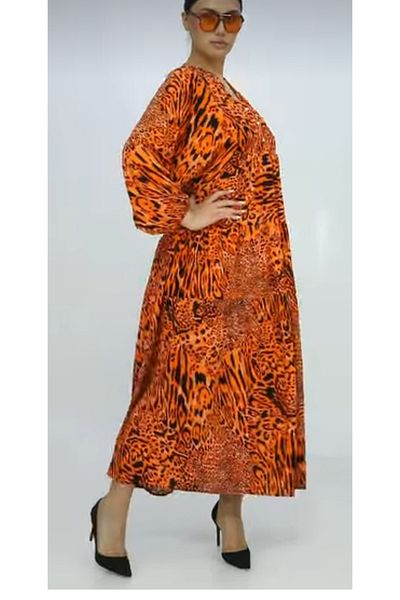 AKŞEN GİYİM Plus Size Leopard Patterned Summer Cotton Viscosin Fabric Balloon Sleeve Tested Dress