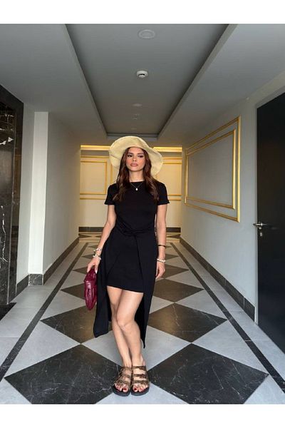 OTAKU Rochie de damă, cu croiala confortabilă, cu noduri, din țesătură modal, peste genunchi