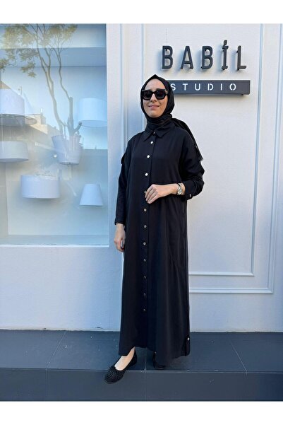 Invee Düğmeli Kadın Uzun Kap Siyah