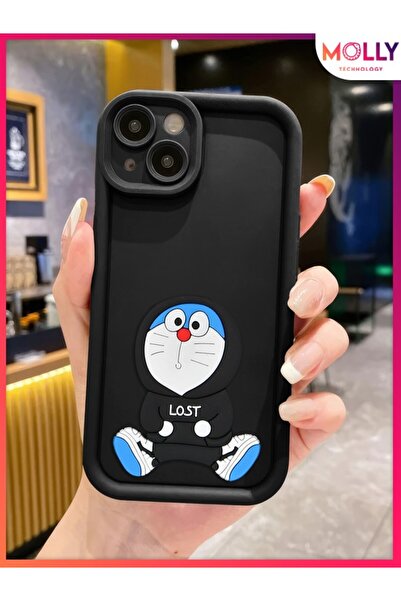 Molly iPhone 15 İçin Siyah Kenarları Kalın 3d Kabartmalı Doraemon Silikon Kılıf