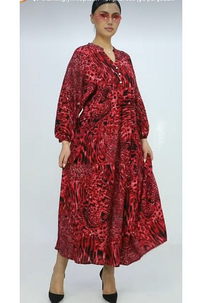 AKŞEN GİYİM Plus Size Leopard Patterned Summer Cotton Viscosin Fabric Balloon Sleeve Tested Dress