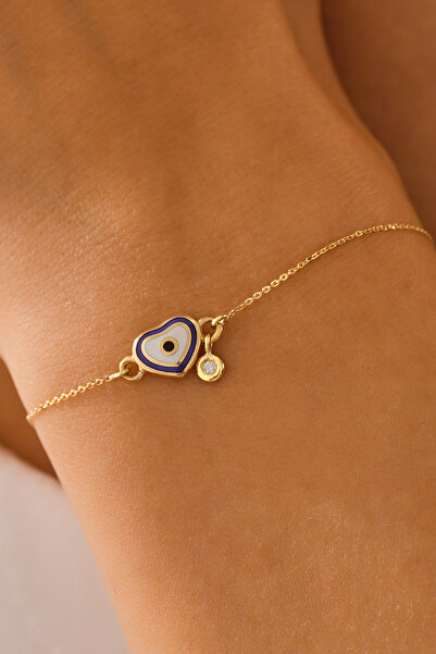 VeraDesignGold 14 Ayar Altın Mineli Nazar Boncuklu Pırlanta Kalp Bileklik