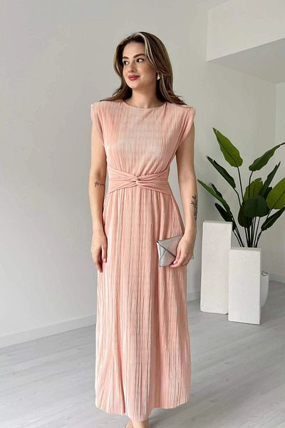 Aventien Rochie midi pudra plisata cu detaliu in talie