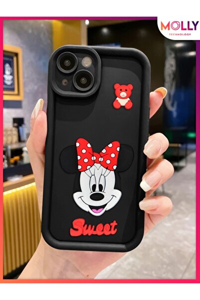 Molly iPhone 13 İçin Siyah Kenarları Kalın 3d Kabartmalı Sevimli Minnie Silik...