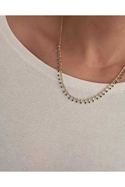 YENGEÇ Özel Seri Gold Yeşil Taşlı Püsküllü Kolye