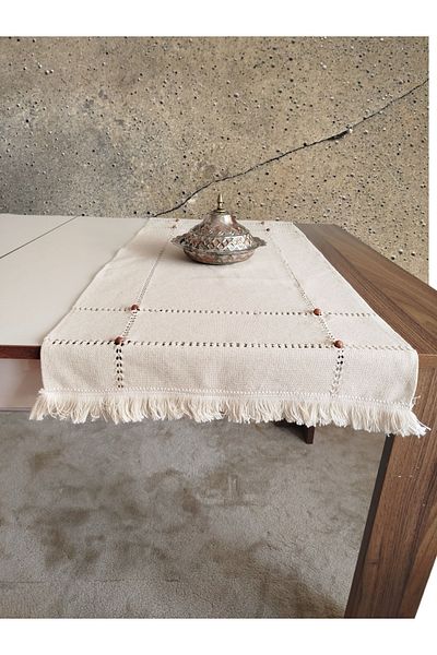 denizli hatırası Buldan Cendire Πανί Χειροποίητο Καφέ Κορδόνι με χάντρες 50x105 cm Runner