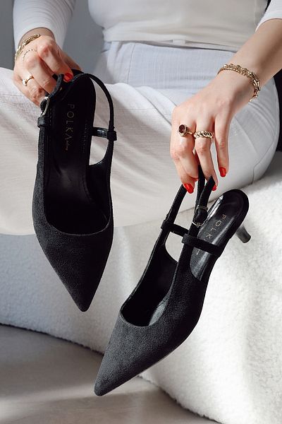 POLKA STORE Sole Pointed Toe Single Strap Buckle Black Suede Heeled Women's Shoes