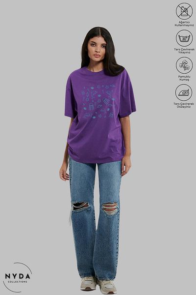 Nyda Collections Women's Crew Neck Sea Creatures Printed Cotton Oversize Short Sleeve T-Shirt
