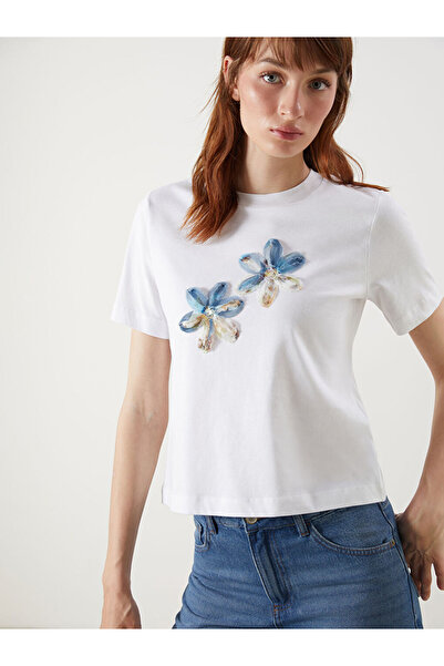 LC Waikiki White Embroidered Cotton Women's T-Shirt