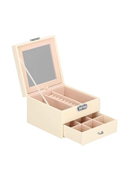 Springos Jewelry box, velvet and eco-leather, cream and pink, with mirror, 16...