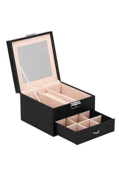 Springos Jewelry box, velvet and eco-leather, black and pink, with mirror, 16x16x11 cm,
