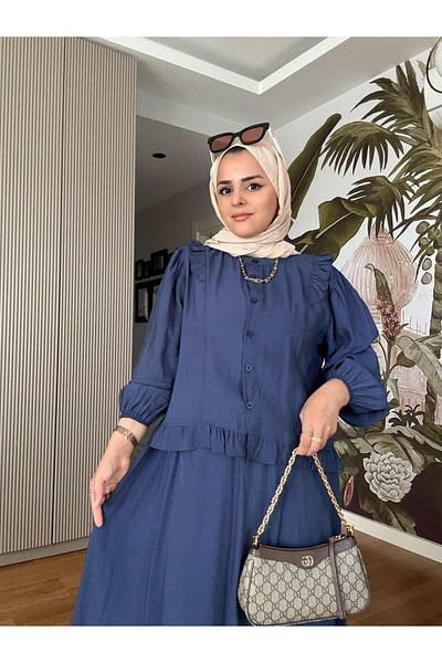 Aselim Hijap Moda Cotton Ruffle Detail Summer Skirt Suit – Navy Blue