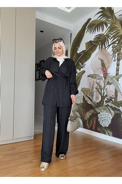 Aselim Hijap Moda Strawberry Linen Shirt Summer Suit – Comfortable Elegance with Pocket Pants (Size 36-48) Black