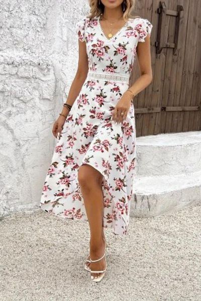Mossta Asymmetrical Cutout Ruffle Sleeve Patterned Single Jersey Dress - Patterned