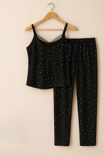ELİTOL Set de pijamale cu bretele cu model stea neagră pentru femei