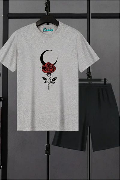 SevMode Rose and Moon Printed Unisex Shorts T-Shirt Set
