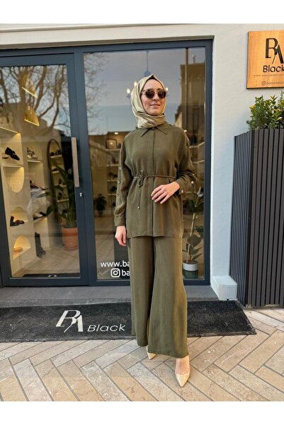 Babil Butik Pile Detailed Cupra Women's Wide Leg Trousers Khaki Green