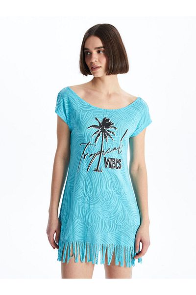 LC Waikiki Lcw Crew Neck Printed Short Sleeve Women's Beach Dress Fast Fashion