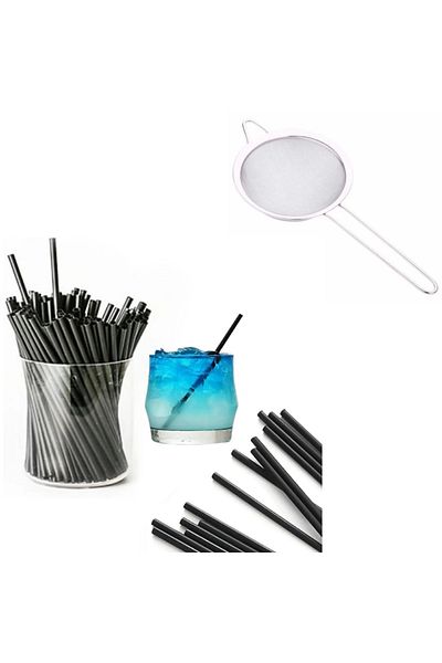 Adin Short Cocktail Straw 300Pcs 14cm Bristle Straw and Cocktail Strainer Bar Strainer Set