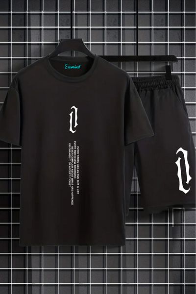 SevMode Σετ μπλουζάκι με κάθετο γράμμα εμπριμέ Unisex σορτς