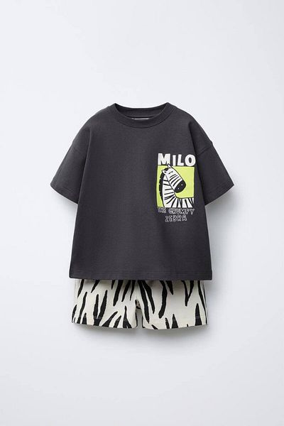 MİO Boys' Cotton Black Zebra Printed T-Shirt and Shorts Set