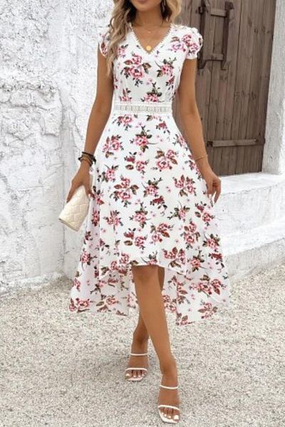 Mossta Asymmetrical Cutout Ruffle Sleeve Patterned Single Jersey Dress - Patterned