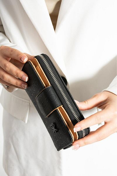 çantamgelsin Polo Of Colors Black Camel Embossed Medium Size Women's Wallet with Coin and Card Compartment