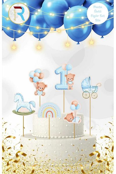 asöy Cake Decoration 1 Year Old One Cake Decoration Blue 6 Pieces Figure Teddy Bear Balloon Figured Toothpick Cake Decoration Cake Topper