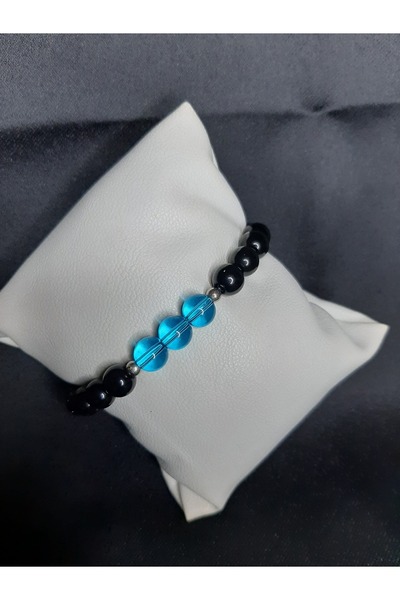 MRYart سوار مصنوع يدويًا من حبات الهيماتيت الأسود والزجاج الأزرق ذو المظهر ال...