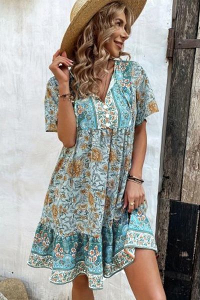 Mossta Patterned Single Jersey Dress with Buttoned Tie Detail - Blue