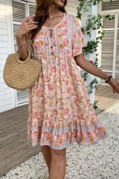 Mossta Patterned Single Jersey Dress with Buttoned Tie Detail - Pink