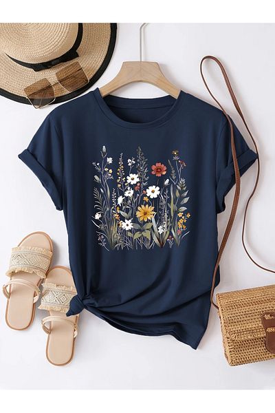 PALPİTO Women's Navy Blue Saplings Printed Oversize T-Shirt