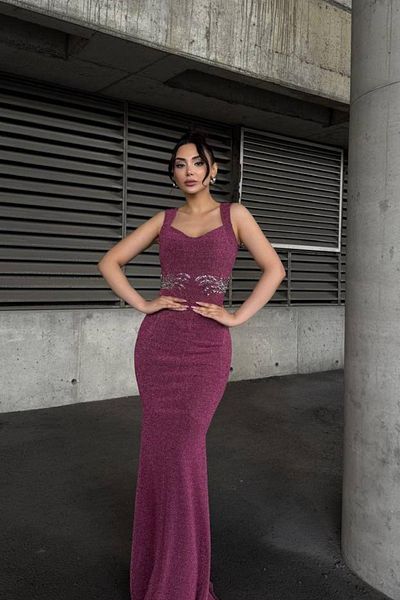 Mossta Heart Neckline Stone Detailed Long Evening Dress - Pink