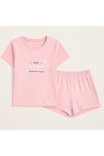 ELİTOL 100% Cotton Pink Women's Shorts Summer Pajama Set with Heart Pattern