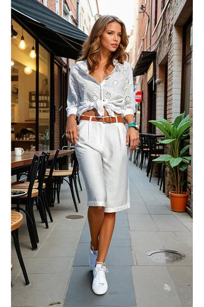 Pasaklı Giyim Pantaloni scurți Bermuda lungi din in, ecru, cu buzunare duble, 2912286