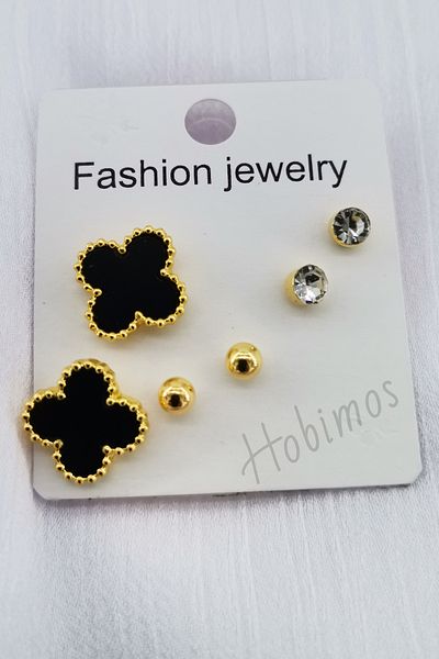 Hobimos 3 Pairs of Earrings Set - Clover Design Earrings, Stone Earrings, Ball Earrings, Cartilage Earrings